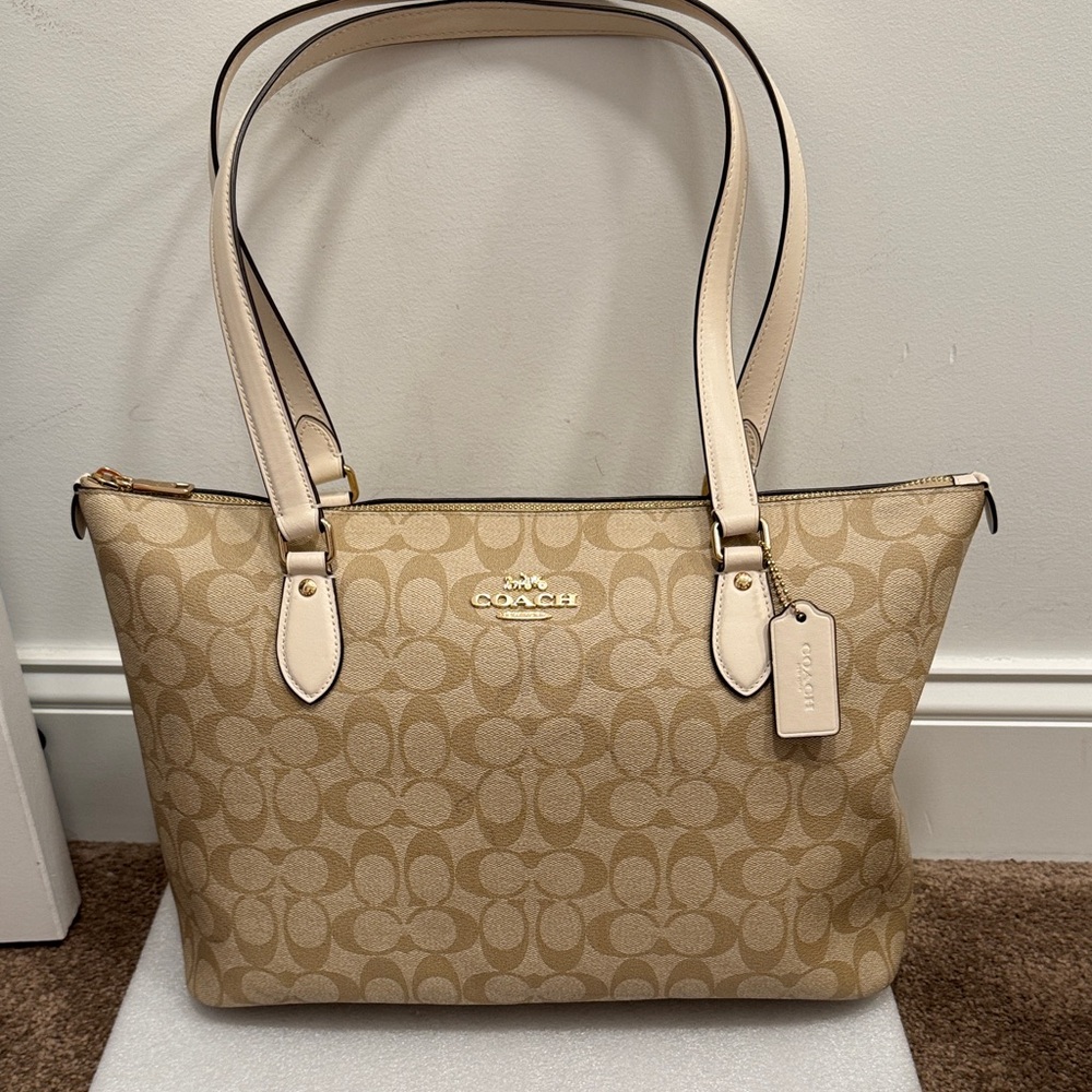 Coach Tan Signature Canvas Tote with Cream Leather Trim